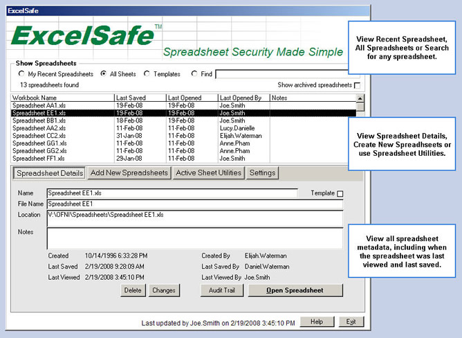 ExcelSafe main screen – View and search all available spreadsheets. View when spreadsheets were created, last viewed and last saved.
