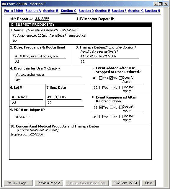 MedWatch sample screen