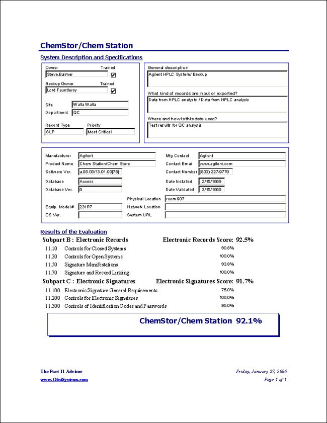 Part 11 Advisor creates summary reports for each system, which include system descriptions and the current state of Part 11 compliance